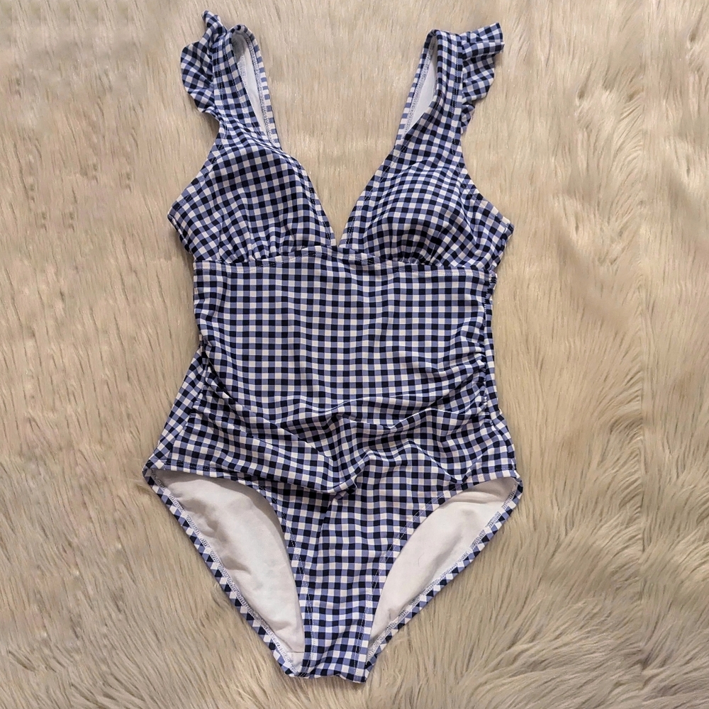 Kona Sol blue and white gingham print ruffle sleeve bathing suit size S